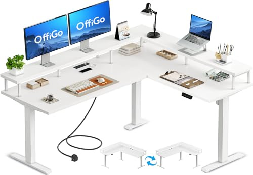 OffiGo Standing Desk, 150x120cm L Shaped Desk with Power Outlets, Height Adjustable Corner Table with Monitor Stander, Electric Stand up Rising Table for Home Office Workstation, White