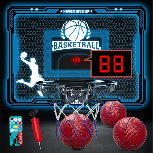 BuzzoXerex Basketballkorb Kinder Indoor, Mini Basketballkorb fürs Zimmer tür mit Fernbedienungen, 4 Bällen, Anzeigetafel, 7 Farben Lichter, Basketball Spielzeug für Jungen Mädchen