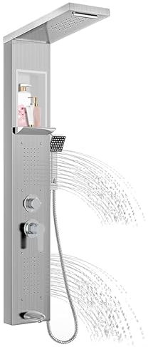 Aufun Pannello doccia in acciaio inox con ripiano e rubinetto, 5 funzioni colonna doccia pioggia e nebbia, 4 getti massaggianti regolabili, doccetta e beccuccio a cascata, rubinetto doccia, argento
