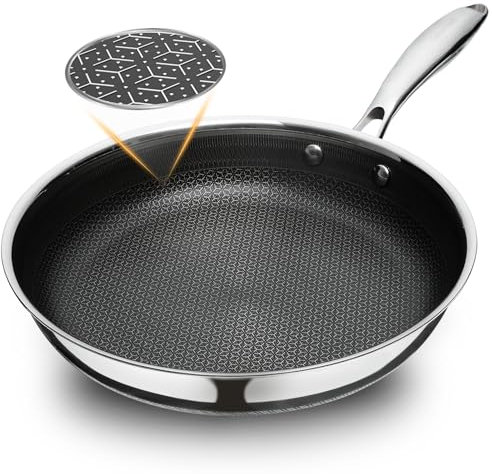 SAKAMOSH Padelle antiaderenti da 28 cm, padella ibrida in ceramica in acciaio inossidabile, padella con manico che mantiene il freddo, non tossico, senza PFAS PFOA PTFE, lavabile in lavastoviglie e