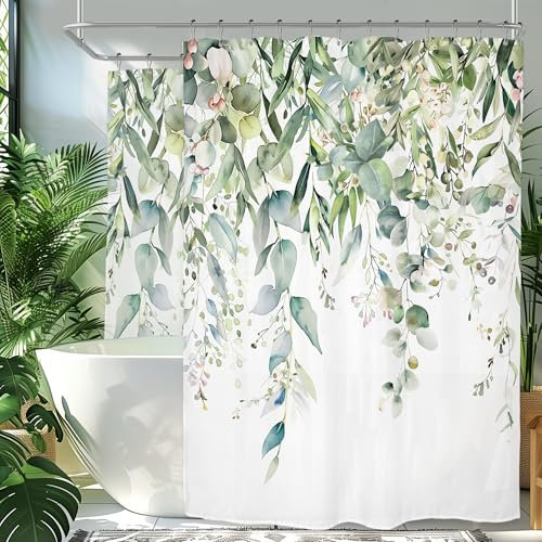 Riyidecor Clawfoot Tub Extra Wide Shower Curtain for Bathroom Decor 180Wx70H Green Eucalyptus Leaves Plants Wrap All Around Circular Round Art Printed Fabric Polyester Waterproof 32 Pack Metal