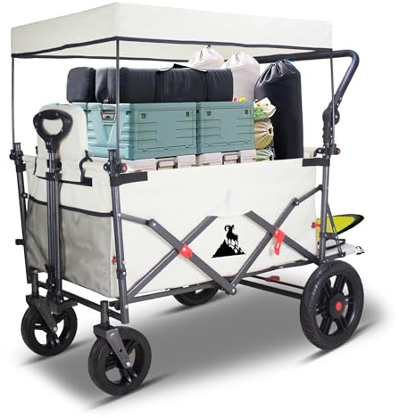 TOPWELL Chariot de transport pliable avec toit, chariot de transport multifonction avec freins, roues avant à 360°, capacité de charge 120 kg (beige)