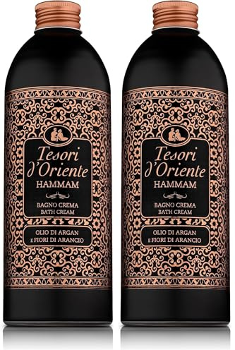 Tesori d'Oriente - Bagno Crema Hammam, Bagnoschiuma con Olio di Argan dalle Note di Fiori d'Arancio, Deterge la Pelle e Dona Nutrizione, 500ml (Confezione da 2)