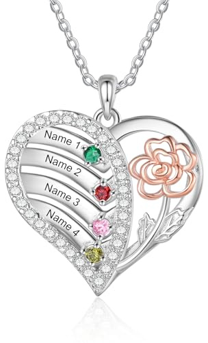 Grovjewfit Personalisierte Damen Halskette Mit Name, Herz Anhänger Kette Mit Geburtssteinen, Weihnachten Muttretag Als Geschenk Für Mama, Oma