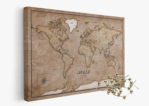 framed concept | Weltkarte mit Pinnnadeln | Handgefertigte Wanddekoration mit 50 goldenen Pins | Einzigartige Geschenkidee
