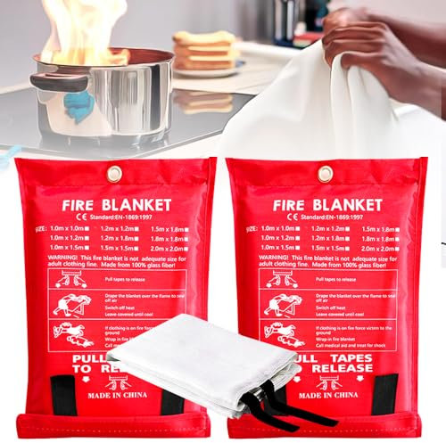 HIULLEN 2 pezzi Coperta Antincendio per Cucina Casa Emergenza, Coperta Ignifuga 1X1CM, Norma DIN EN 1869:1997, Coperta Ignifuga In Tessuto Fibra Di Vetro Per Incendi Grasso Campeggio Grill Roulotte