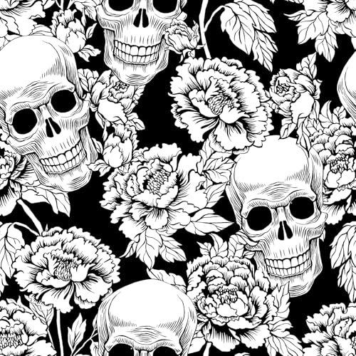VEELIKE Gothic Tapete Totenköpfen Schwarz Weiß Skurriles Pfingstrosen Blumentapete 44.5cm x 300cm Selbstklebende Tapete Vintage Fototapete Blumen Totenkopf Tapeten für Schlafzimmer Badezimmer Flur