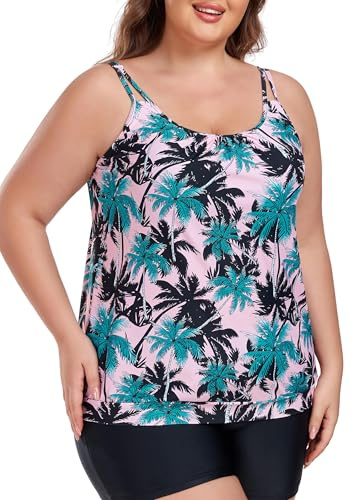 Ocean Blues Women's Coconut Tree Plus Size Tankini Top Loose Fit Blouson Swimsuit Top with Adjustable Straps Size XXX-Large