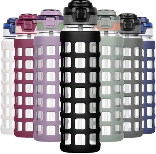 Ferexer Botella de agua de vidrio de 1 litro/660 ml con tapa abatible con pajilla, a prueba de fugas, sin BPA, vidrio de borosilicato sostenible, con funda de silicona, botella de vidrio deportiva
