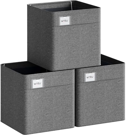 WOLTU Faltbare Aufbewahrungsboxen 3 Stück,mit Griffen,Etikette, 26x26x25cm | Stoffboxen,Aufbewahrungswürfel Organizer für Regal,Dunkelgrau