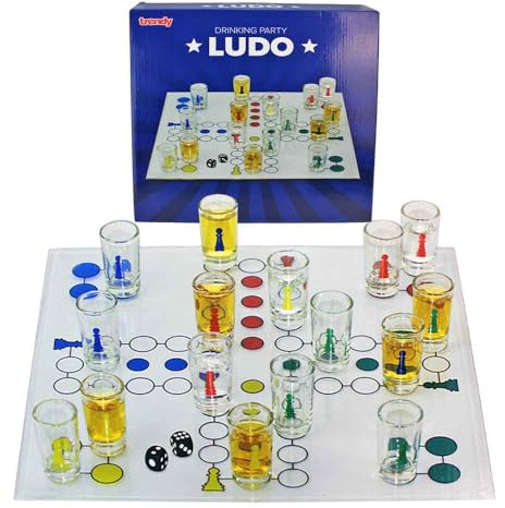 BEMIRO Ludo Trinkspiel mit Shotgläsern – 30 x 30 cm – Klassiker als Partyspiel – Inkl. 16 farbige Shotgläser (je 15 ml)