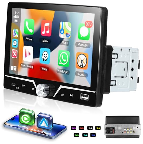 1 Din Wireless Carplay Autoradio, Motorsi 7 Pollici Touch Screen Bluetooth Car Stereo, Support Type-C/Android Auto/Bluetooth/MirrorLink/FM/USB/Carica/Retroilluminazione colorata