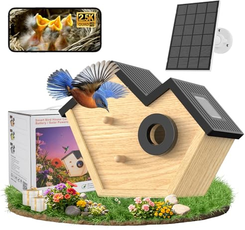 Holz Vogelhaus Feeder mit Kamera, 2K HD Smart WiFi Bird Cam Solarbetrieben mit LED Licht, 32G Karte, Vogelhaus Kamera Kabellos Outdoor, Holz Vogelhäuser für Draußen, Geschenke für Vogelliebhaber