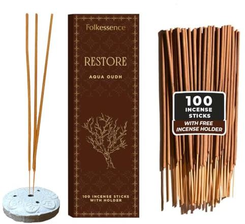 Folkulture Oud Incense Sticks with Holder, Premium, Fall Scents -100 Stick | No Charcoal, Organic, Non Toxic, 45 Mins Burn Time, Incense for Meditation, Aromatherapy, Prayer, Gifts for Women