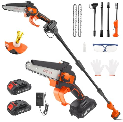 2-in-1 Cordless Pole Saw & Mini Chainsaw, 2.3m Extension Pole, 6 Inch, Auto Oiler, 2 x 1.5Ah Batteries, Knob Adjusts Chain Tightness, for High & Low Tree Branch Cutting Trimming Pruning
