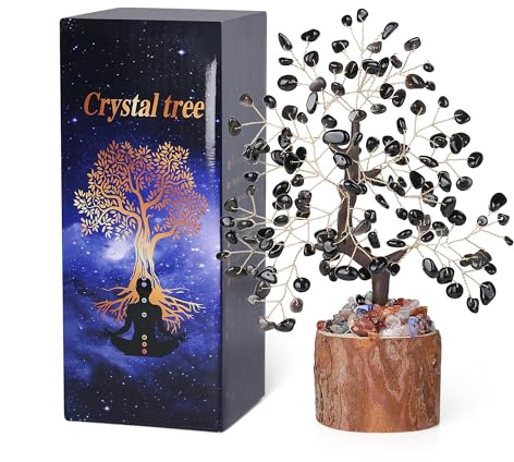 QINJIEJIE Obsidian Heilsteine Baum, Natürlicher Kristallbaum für Heilung und Positive Energie, Handgemachter Feng Shui Lebensbaum Geldbaum, Spirituelle Deko und Geschenk