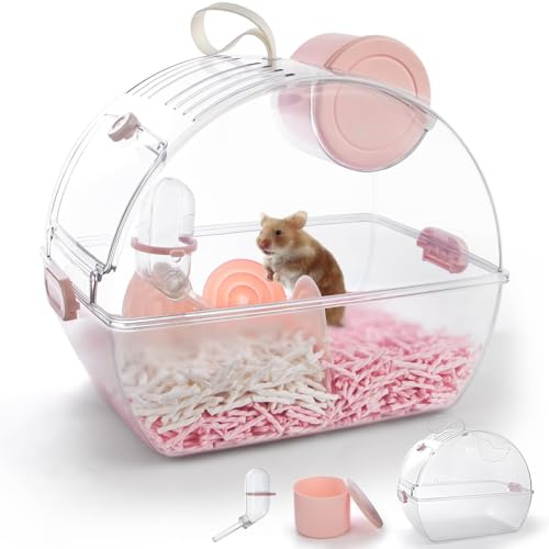 Small Portable Hamster Cages,Big Size(13×8.2×10.8'')Hamster Carrier with Water Bottle,Dwarf Hamster Travel Cage with Storage Box,Transparent Acrylic Pet Travel Carrier Cage,Outdoor Animals Carry(Pink)