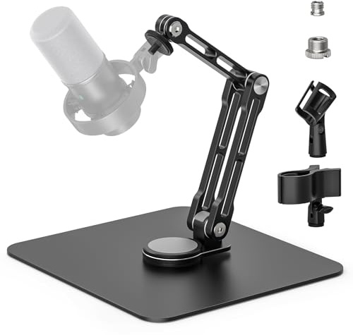 Mic Stand Desk, 360° Rotatable Desktop Microphone Stand, Max Load 4.4 lb, Adjustable Microphone Desk Stand Mount with 1/4“ 3/8“ 5/8” Screw and 2 Mic Clip, for Recording Podcasting Streaming Studio