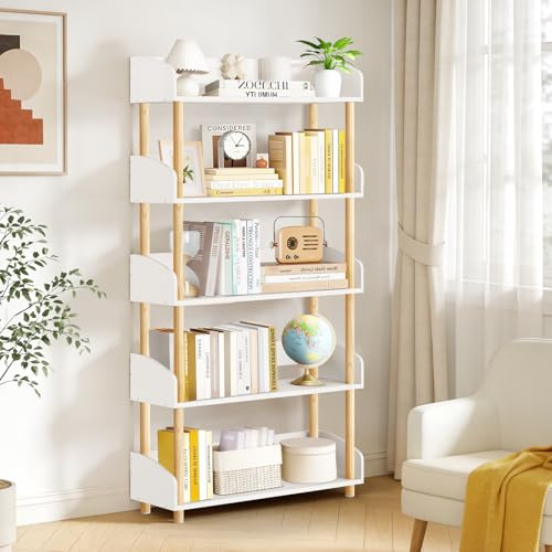 OUTONLIFE Bücherregal Weiß 5 Ebenen, Modernes schmales Standregal, Offenes Holzregal, Freistehend mit Massivholzrahmen für Wohnzimmer, Schlafzimmer und Kinderzimmer