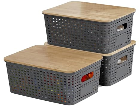 Accmuzzy 3er-Set Aufbewahrungsbox mit Bambus Deckel,Aufbewahrungsbehälter Kunststoffkörbe mit Griff,Stapelbare Aufbewahrungsboxen für Badezimmer Küche Schlafzimmer Schreibtisch, 25x18x10cm (Grau)