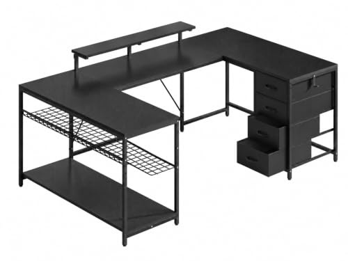 YITAHOME 158×100 cm Corner Desk with Drawers, Reversible L Shaped Computer Desk with LED Lights, U Shaped Gaming Table with Powers Outlets, Work Desk With PC Stand for Home Office Black