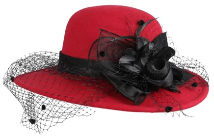 Cupimatch Chapeau Cloche Femme Vintage: Chapeau Élégant en Felt avec Voilette et Fleurs Rétro Années 20 pour Mariage et Cérémonie Vintage Élégant Rouge- Cadeau Soirée Dansante