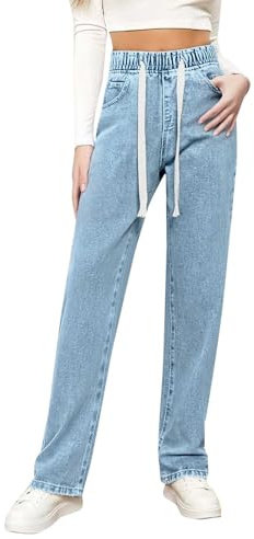 szvbofueck Jean pour femme taille haute - Pantalon en denim coupe droite - Taille élastique - Pantalon de loisirs - Jean stretch - Couleur unie - Pantalon extensible confortable avec cordon de serrage