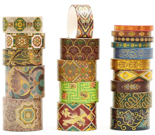 Songdao 20 Rollen Chinesischer Stil Washi Tape Set Dekorative Masking Tapes Goldfolie Klebeband Bunt für Kunst, DIY Handwerk, Tagebuch, Planer, Scrapbook, Verpackung (12-Golden Phoenix Court)