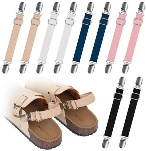 5 Pairs Adjustable Elastic Shoe Straps, Pant Stirrups Clips & Boot Clips, Removable Anti-Loose Heel Ankle Belts for Sandals, Mules, Clogs, Suede & Cork Platform Slippers