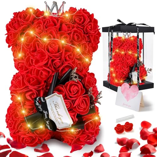 MOXTOYU Rosen Bär, 25cm Rosen Teddybär mit Geschenkbox, Geburtstagsgeschenk für Frauen, Valentinstagsgeschenk, mit Grußkarte, Kronen- und Blumenmuster, Vollständig zusammengebaute
