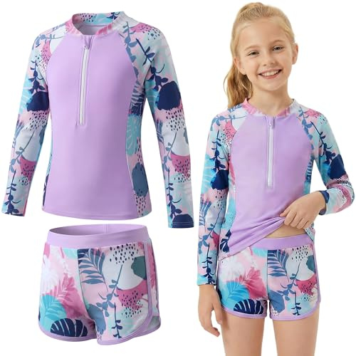 Baogaier Traje de Baño Niña 2 Piezas Manga Larga Protección Solar, Estampado Top con Cremallera y Shorts Secado Rápido, Bañador Suaves Rash Guard Playa Piscina para 7-8 Años, Morado