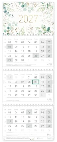 Häfft® 3-Monatskalender 2027 Wandkalender mit Schieber Blattgold | Bürokalender Wandplaner mit Goldprägung, Ferien & Feiertagen für DE und Jahresübersicht