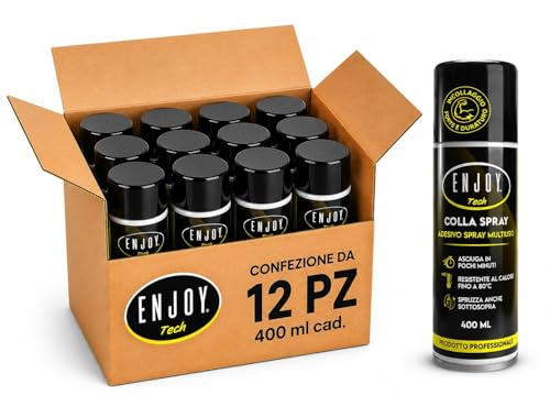 ENJOY TECH - Colla Extraforte Spray 12x400ML | Per Tessuti, Plastica, Legno, Auto e Metalli | Applicazione Permanente | Resistente a Intemperie e Calore | Made in Italy
