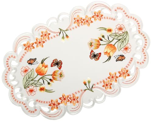 Quinnyshop Orange Tulpen und Schmetterlinge Stickerei Tischläufer 30 x 45 cm Oval Polyester, Weiß