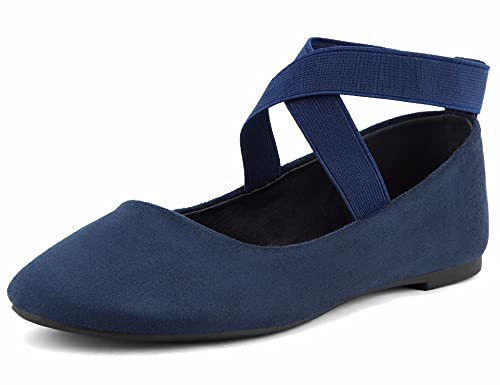MaxMuxun Womens Ballerina Ankle Elastic Crossing Strap Round Toe Comfy Pump Shoes