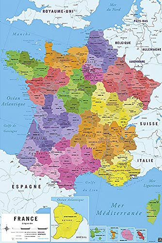 Carte De France 2017 Poster Map of France 2017 (61cm x 91,5cm) + 1 pair of transparent poster hangers