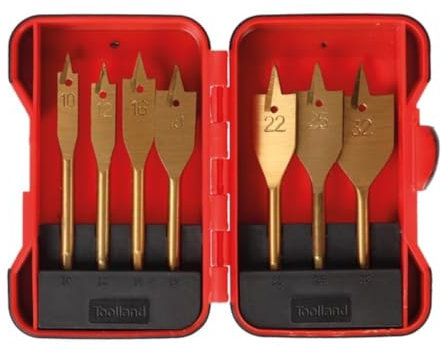 Toolland Mèches plates, pour le bois, revêtement en titane, ensemble de 7 pièces, tailles Ø 10-12-16-19-22-25-32 mm
