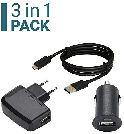 Slabo 3 en 1 Set Cargador para Motorola Moto G7 | G7 Play | G7 Plus | G7 Power | Z4 | One Action | One Hyper | One Macro | One Vision | etc. con Cable USB-C | Cargador Coche | Cargador USB - Negro