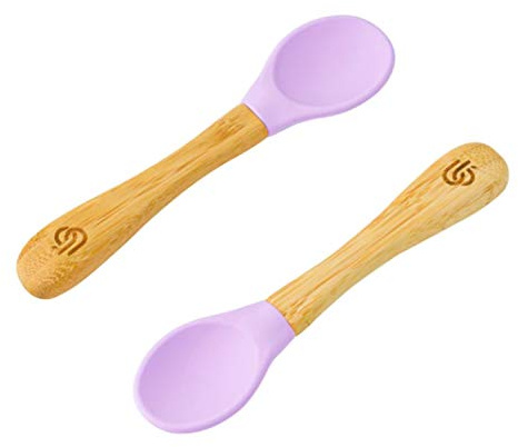 Bamboo Baby Feeding Spoons with Soft Curved Silicone Bowl Tips for Toddlers and Infant (2 Pack, Lila)