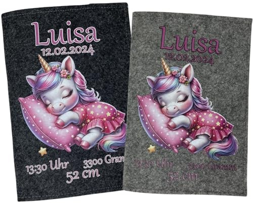 U Heft Hülle und Impfpass aus Filz - Personalisiert mit Namen - Untersuchungsheft Schutzhülle - Babygeschenke zur Geburt - Kinderuntersuchungsheft Mädchen und Junge - Einhorn auf Kissen