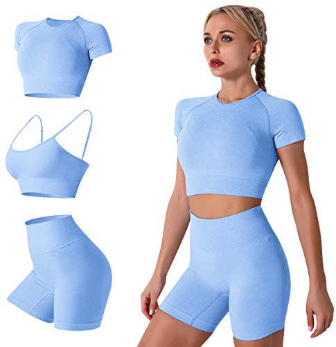 IMEKIS Damen 3 tlg Fitness Set Sport-BH mit Crop-Top und Shorts Nahtlose Yoga Kleidung Fitness Workout Outfit Frauen Slim Fit Sommer Biker Activewear Laufanzug Blau L