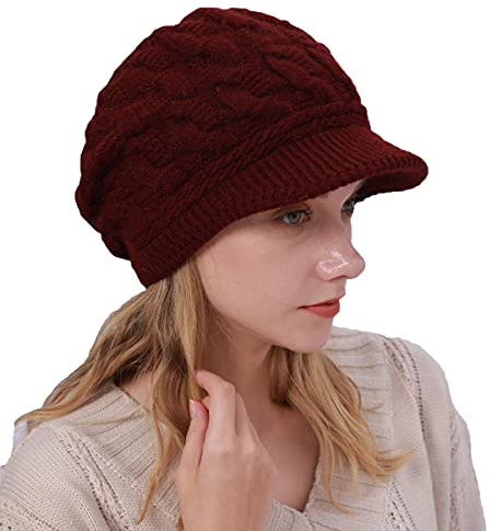 Gajaous Vinterfodrad baskmössa, stickad ballongmössa, varm slouchy-mössa med visir, Mörkröd, En Storlek