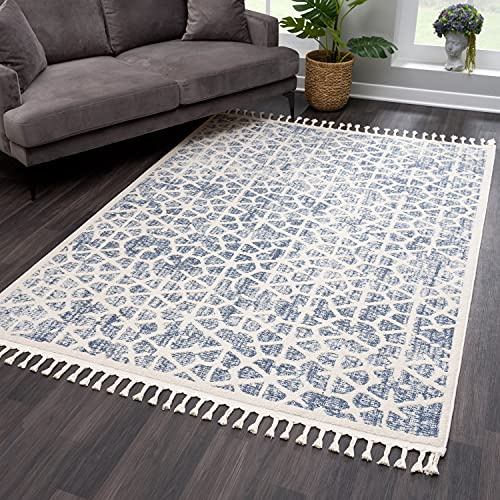 payé Teppich Wohnzimmer mit Fransen - Blau Cream - 200x290cm - Kurzflor Deko Boho Schlafzimmer Flur Dekoration Läufer Kinderzimmer - Skandinavische Teppiche