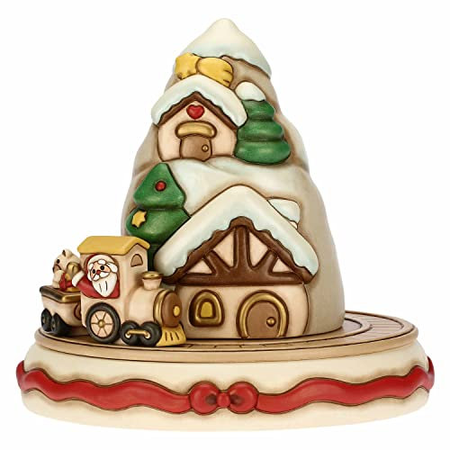 THUN, Villaggio di Natale, Maxi Carillon con Melodia Jingle Bells in Ceramica Decorata a Mano e Meccanismo Rotante con Trenino, Ø 32 cm, h 30.8 cm