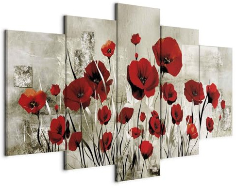 B&D XXL - Quadro Fiori Papaveri 150x75 cm 5 Pezzi - Stampa su Tela - Camera da letto Matrimoniale - Quadri Moderni Componibili - Murale Arte - Decorazione da parete - Fiore Papavero Rosso b-A-0001-b-o