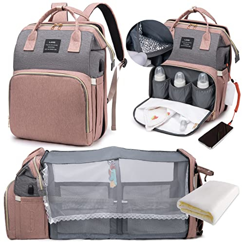 LEcylankEr Zaino per Pannolini con Lettino - Zaino Fasciatoio Mamma Multifunzione Grande con Fasciatoio e Borsa isolante, Zanzariera e Porta di Ricarica USB (Grigio rosa)