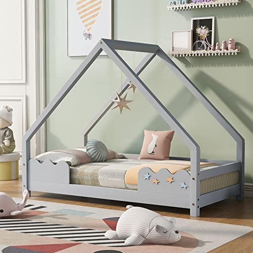 Kayan Hausbett 80x160cm mit Rausfallschutz, Spielbett mit Rollrost, Jugendbett Massivholz (Grau)