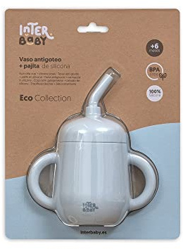 Interbaby - Vaso Aprendizaje Bebe Antigoteo | Vaso Antiderrame Bebe Silicona, Dos Asas, +6 Meses | Vaso con Pajita Niños, Cómodo, Evolutivo, Sin BPA | Azul Grisaceo