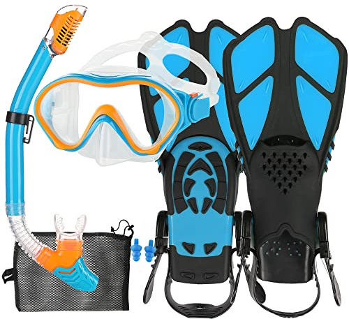 HH HHAO SPORT Kids Mask Fins Snorkel Set Snorkeling Packages, with Diving Mask, Snorkel, Adjustable Swim Fins, Mesh Bag, Anti-Fog Anti-Leak Snorkeling Gear for Kids for Snorkeling Swimming Diving