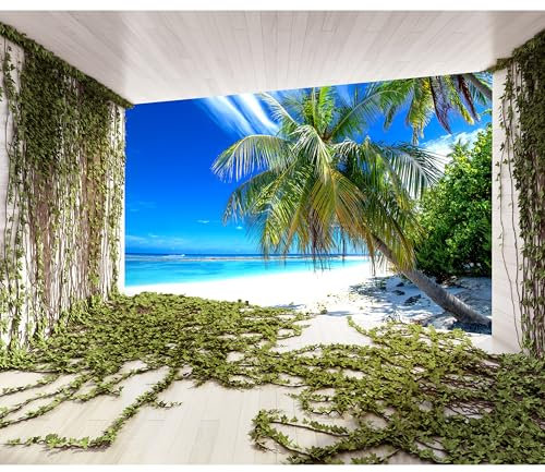 decomonkey - Papier Peint Panoramique Adhésif Plage Mer 3d Effet 147x105 cm - Stickers Muraux Chambre Déco XXL Autocollant - Turquoise jaune bleu gris - Mer ciel palmiers plage plantes tropical